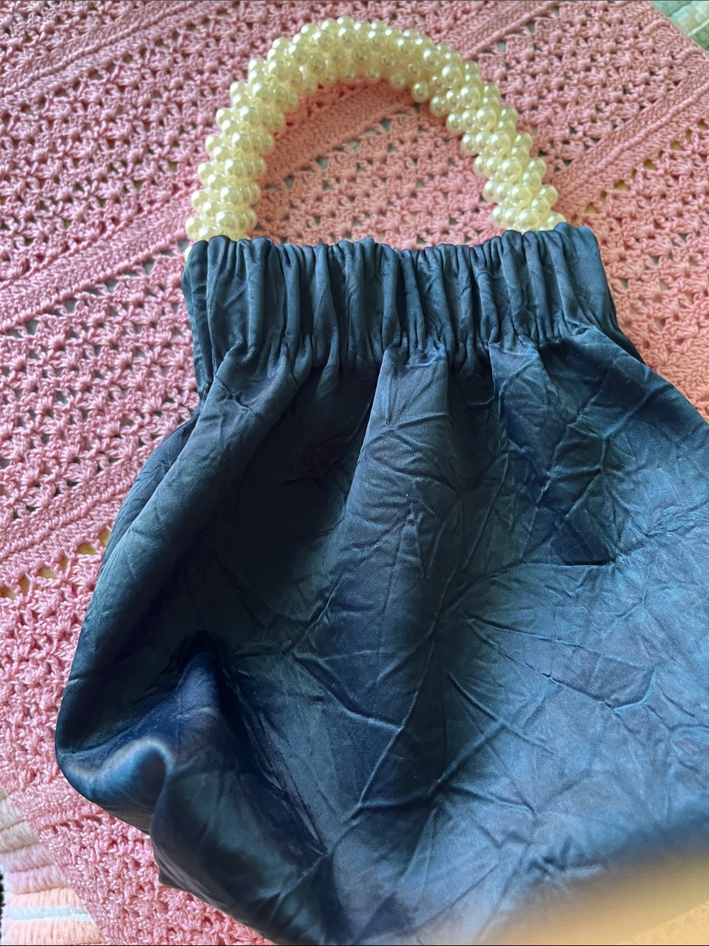 Pearl-Handle Navy Satin Evening Bag